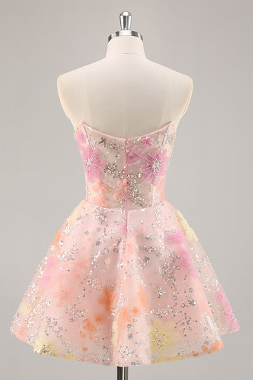 Floral Corset Sequin Strapless Pink Homecoming Dress